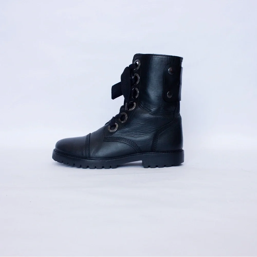568$MRP Zadig & Voltaire Joe Boots Black Leather Lace Up Zip Logo Boots , Sz 38 - Picture 2 of 16
